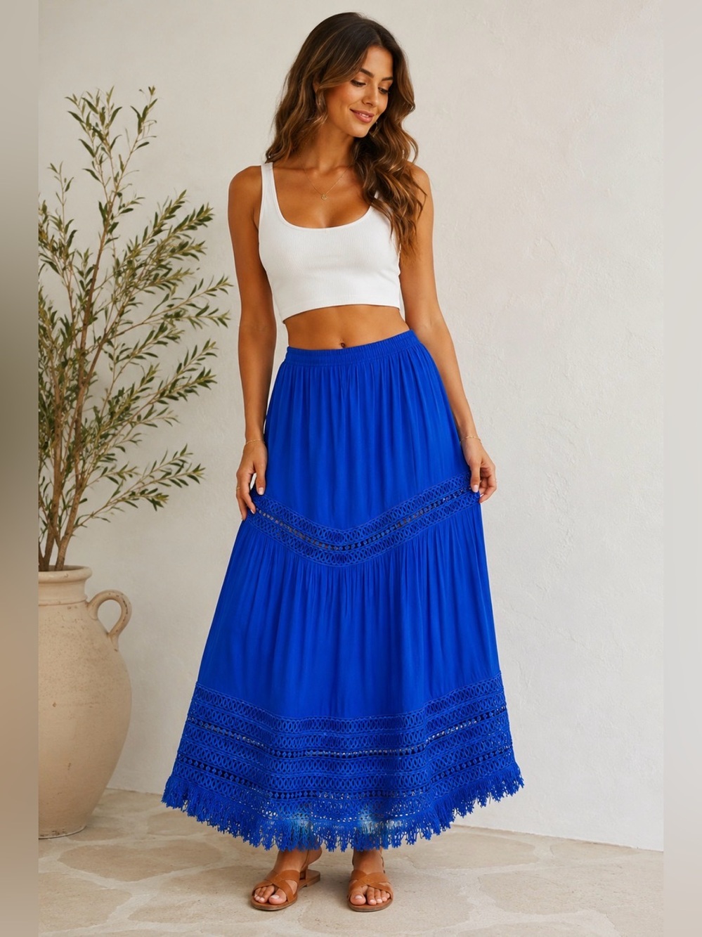 Ramy Brook Royal Blue Crochet Fringe Trim Maxi Skirt